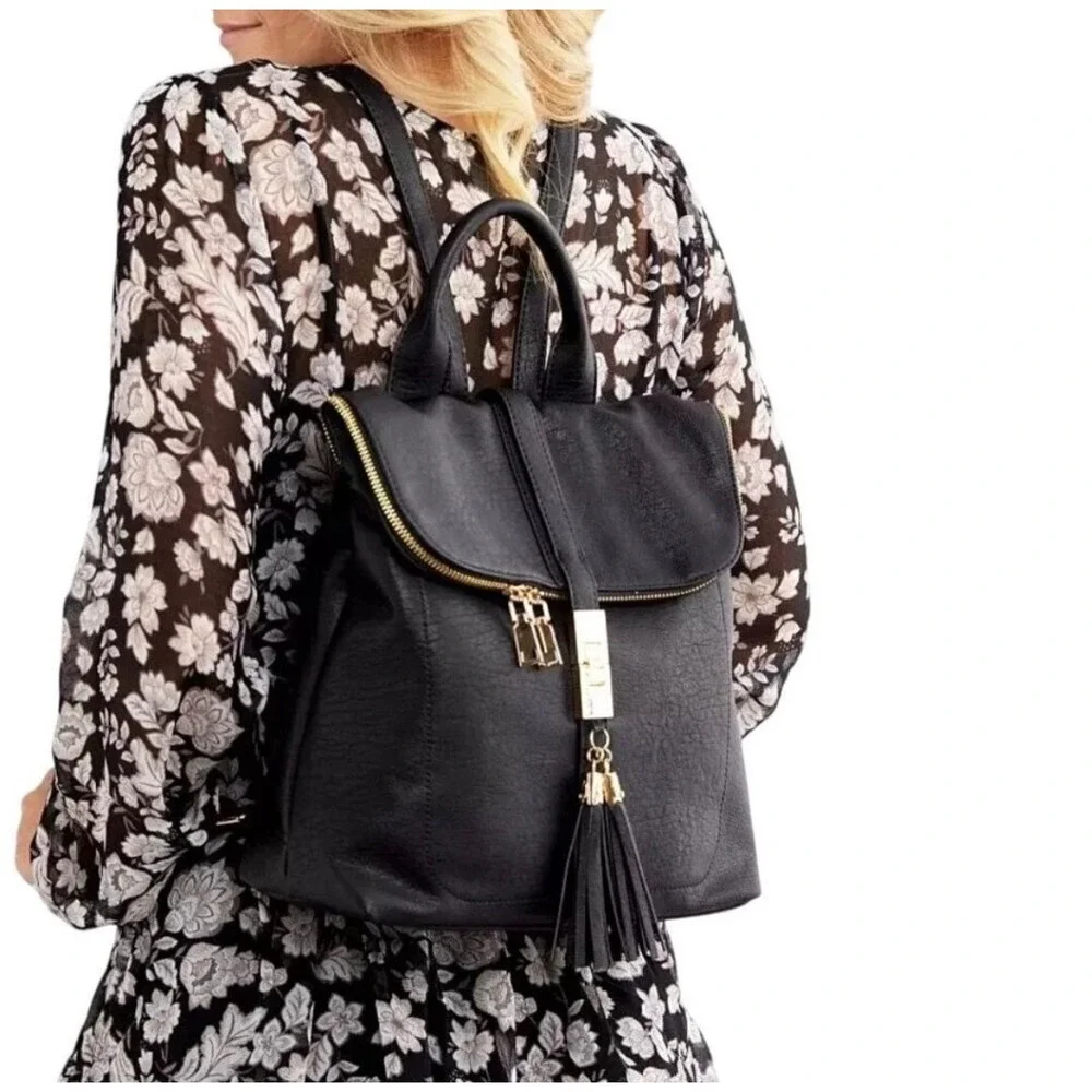 Miztique Black Diana Vegan Leather Backpack Tassel Gold Hardware Large Travel